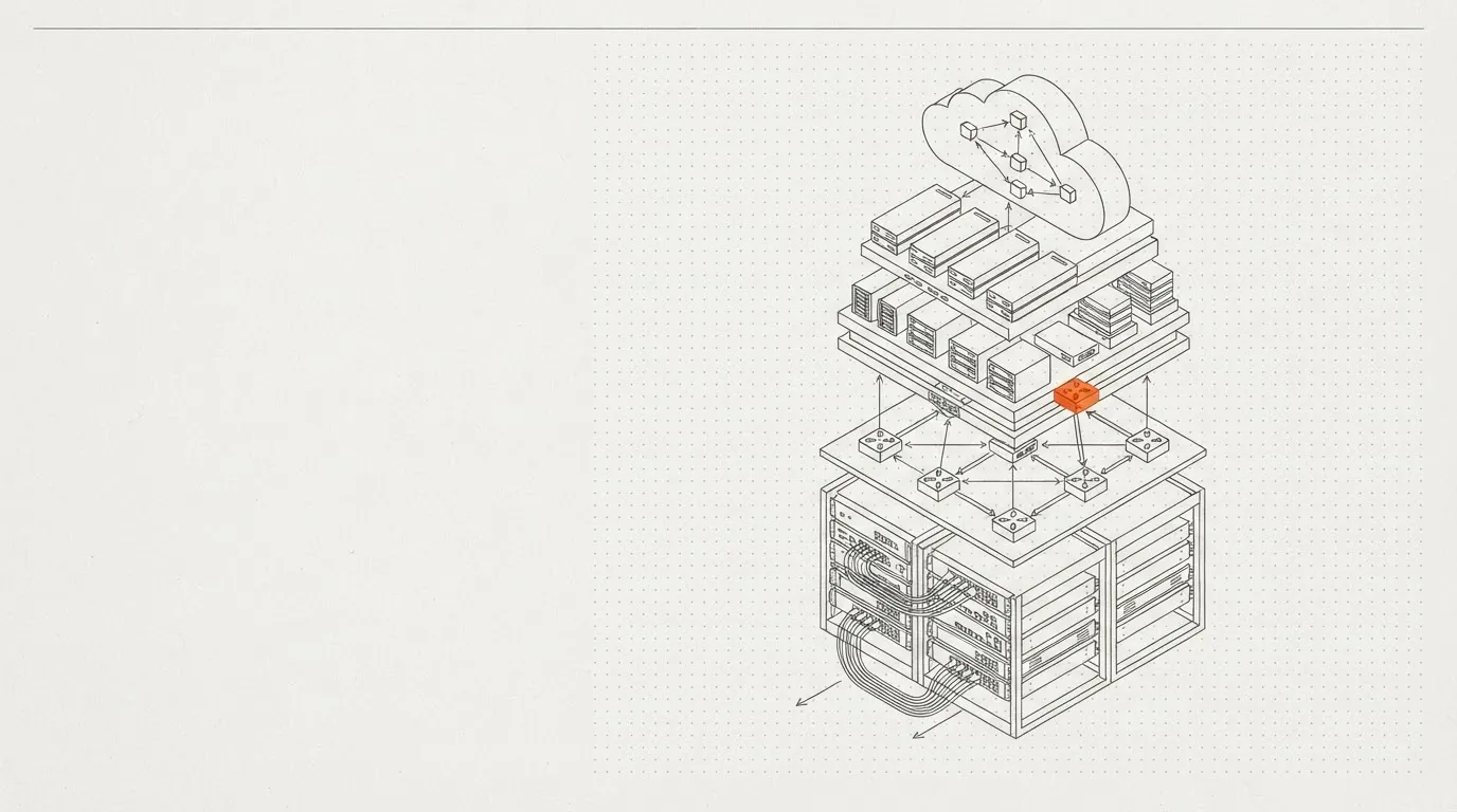 Line drawing of a layered cloud infrastructure stack with one node highlighted in orange